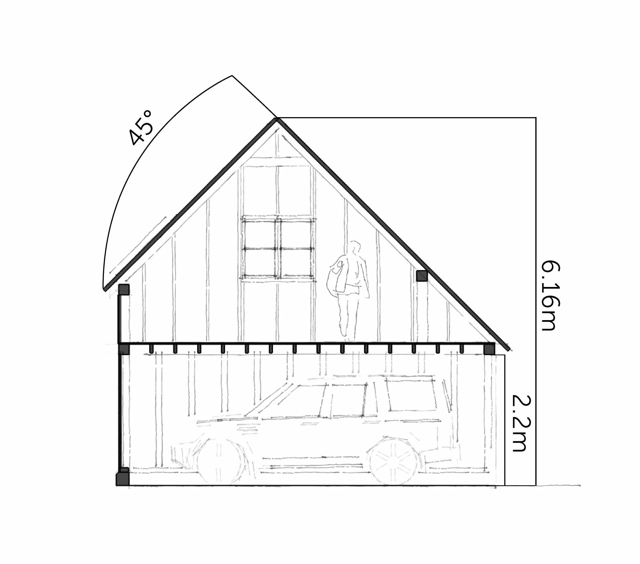 Doorsnede van het eiken frame van de Newport
